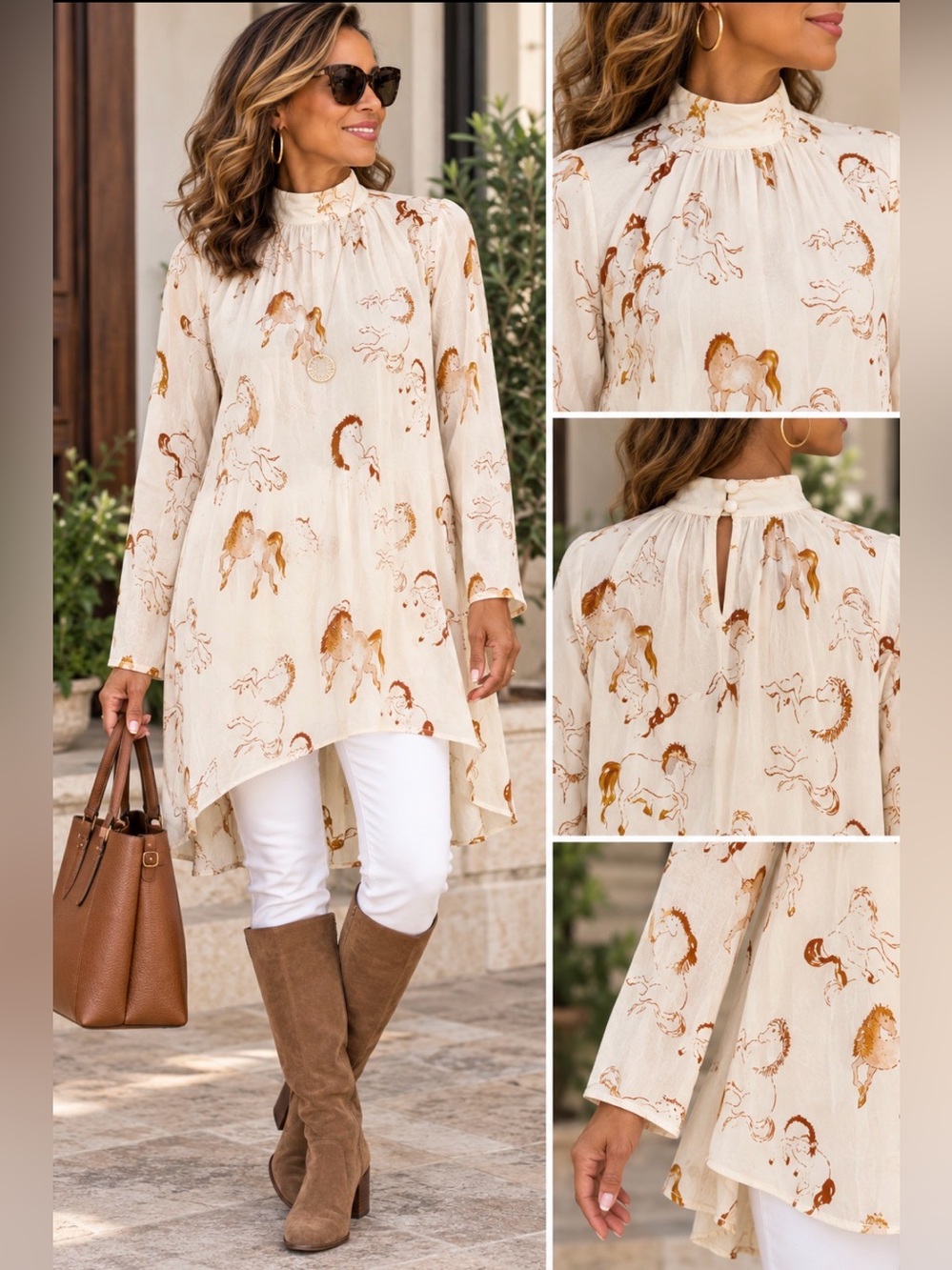 Little Moon Cream Horse Print Long Sleeve Tunic Top Size Large Boho Equestrian